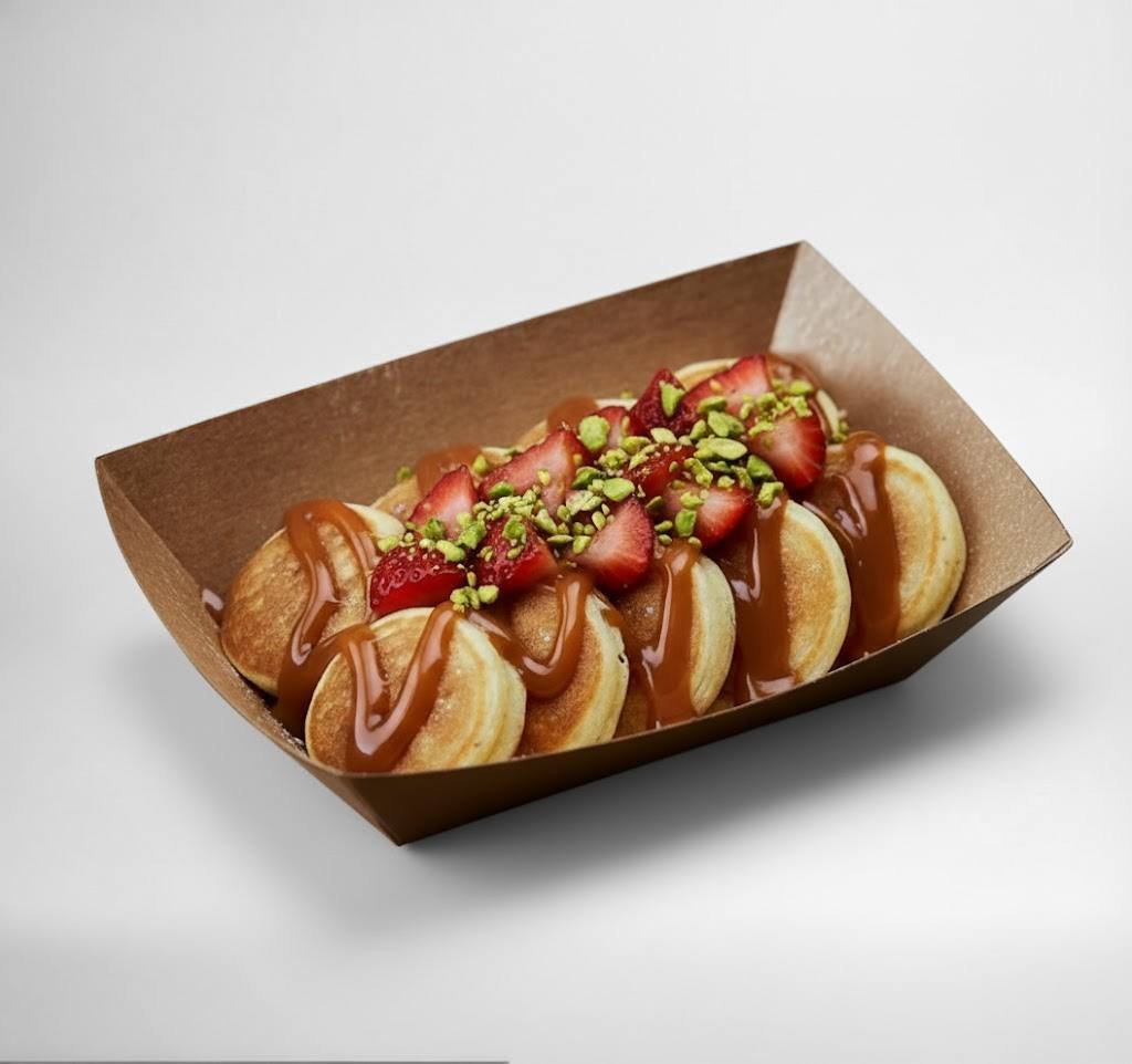 Mini pancakes fraise pistache avec nappage caramel