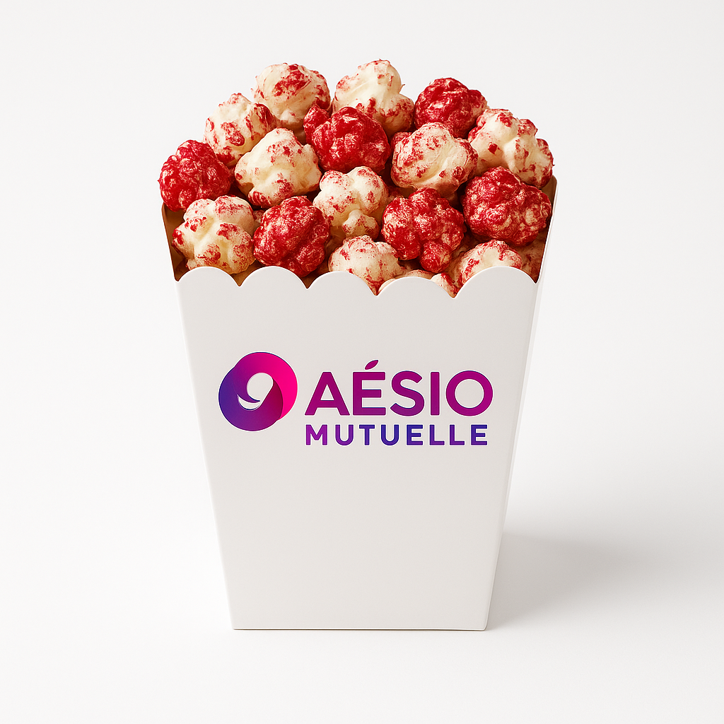 Popcorn personnalisé Aésio Mutuelle rouge cerise et blanc
